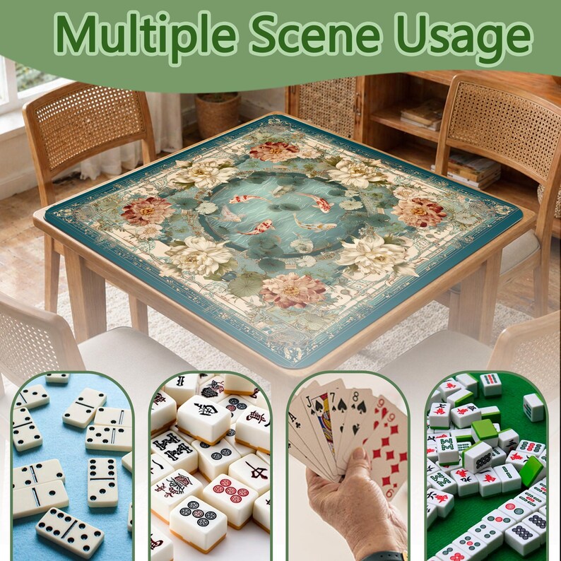 K&ouml;nnte beinhalten: Ein quadratischer Tisch mit einem Blumendesign mit Kois in einem Teich. Der Tisch ist von St&uuml;hlen umgeben. Das Bild zeigt auch Dominosteine, Mahjong-Steine, Spielkarten und andere Spielsteine. Der Text "Multiple Scene Usage" steht oben.