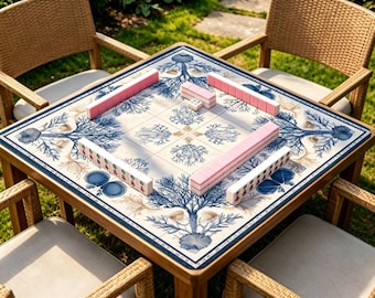 Blue Coral Mahjong Mat, Coastal Seashell Mahjong Table Mat, Non Slip Ocean Board Game Mat, Nautical Mahjong Gift