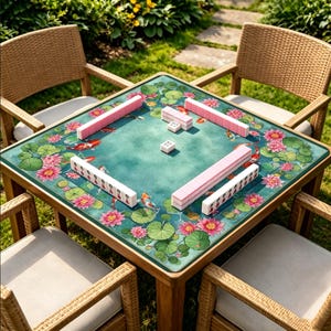 May include: A square wooden mahjong table with a teal playing surface featuring koi fish, lily pads, and pink lotus flowers. Pink and white mahjong tiles are arranged on the table, along with white dice. Four wicker chairs surround the table, set on a grassy lawn.