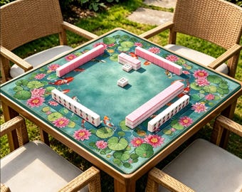 Tapete de Mahjong Koi Lotus, Capa para Mesa de Mahjong Americano com Tema de Lagoa de Lírios d'Água, Tapete Antiderrapante para Jogos com Tema de Jardim Oriental - Presente Ideal