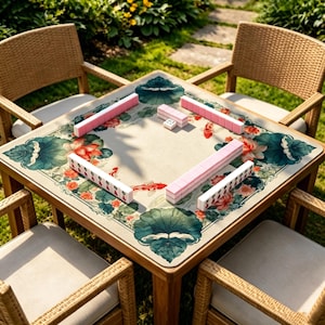 Puede incluir: Una mesa de mahjong cuadrada con un tapete beige que presenta un dise&ntilde;o estampado de hojas de loto verdes, flores rosas y peces koi naranjas. Cuatro juegos de fichas de mahjong con reverso rosa est&aacute;n dispuestos en filas sobre el tapete.