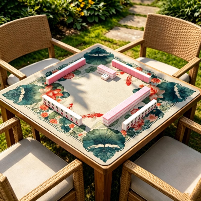 Puede incluir: Una mesa de mahjong cuadrada con un tapete beige que presenta un dise&ntilde;o estampado de hojas de loto verdes, flores rosas y peces koi naranjas. Cuatro juegos de fichas de mahjong con reverso rosa est&aacute;n dispuestos en filas sobre el tapete.