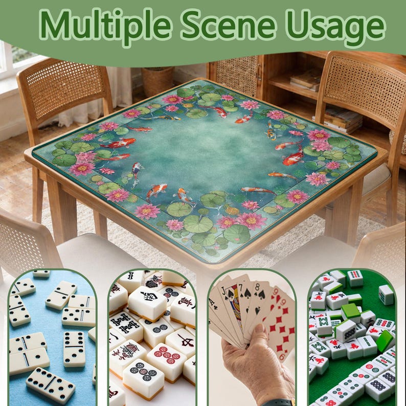 May include: A square table with a decorative overlay featuring a pond scene with koi fish and water lilies. The image also shows dominoes, mahjong tiles, playing cards, and more mahjong tiles, suggesting multiple uses. The text "Multiple Scene Usage" is at the top.