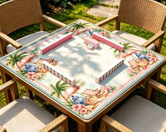 Coastal Beach Mahjong Mat, Palm Tree Table Mat, Non Slip Preppy Resort Game Mat for Mahjong