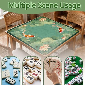 May include: A square table with a green mat featuring koi fish and lotus flowers. The image also shows dominoes, mahjong tiles, playing cards, and other game pieces, with the text "Multiple Scene Usage".