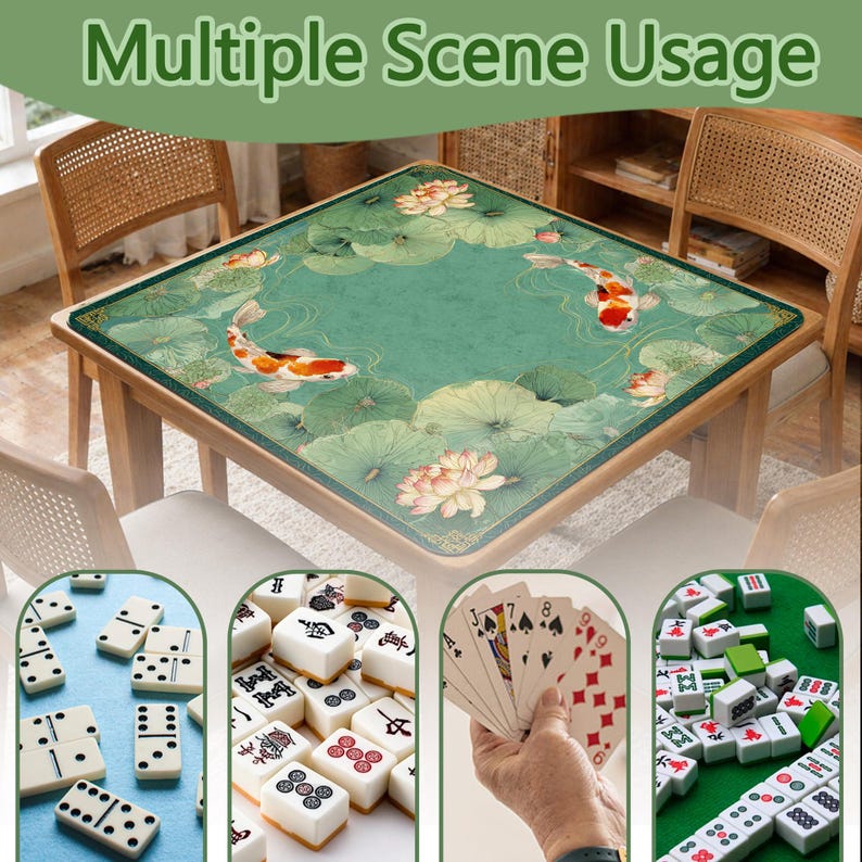 May include: A square table with a green mat featuring koi fish and lotus flowers. The image also shows dominoes, mahjong tiles, playing cards, and other game pieces, with the text "Multiple Scene Usage".