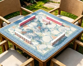 Tapete de Mahjong com Conchas, Tapete de Mesa Azul com Tema Costeiro, Tapete Antiderrapante para Jogos de Mahjong com Tema Oceano