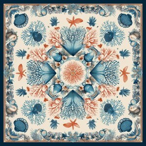 May include: Square scarf with a marine life design. The scarf features a cream background with coral, starfish, and seashell illustrations in shades of blue, orange, and brown. The border is a dark blue.