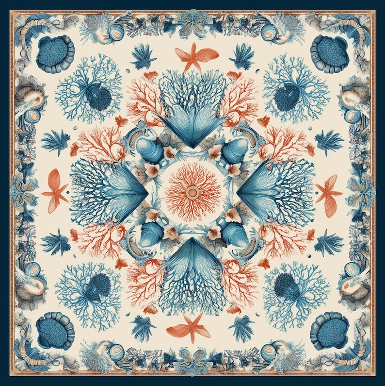 May include: Square scarf with a marine life design. The scarf features a cream background with coral, starfish, and seashell illustrations in shades of blue, orange, and brown. The border is a dark blue.