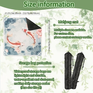May include: A mahjong mat with a koi fish design, available in multiple sizes, including 21, 31, 34, and 39 inches. The image also shows waterproof storage bags for the mat.