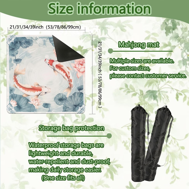 May include: A mahjong mat with a koi fish design, available in multiple sizes, including 21, 31, 34, and 39 inches. The image also shows waterproof storage bags for the mat.
