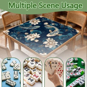 May include: A square wooden table with a blue floral design featuring koi carp and lotus flowers. The image also shows dominoes, mahjong tiles, and playing cards, with the text "Multiple Scene Usage" at the top.