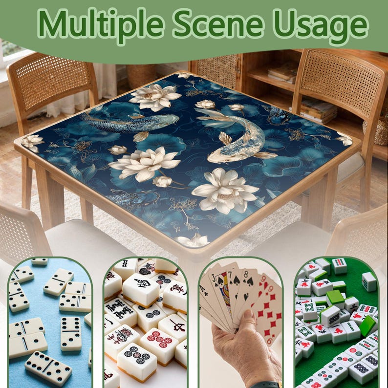 May include: A square wooden table with a blue floral design featuring koi carp and lotus flowers. The image also shows dominoes, mahjong tiles, and playing cards, with the text "Multiple Scene Usage" at the top.