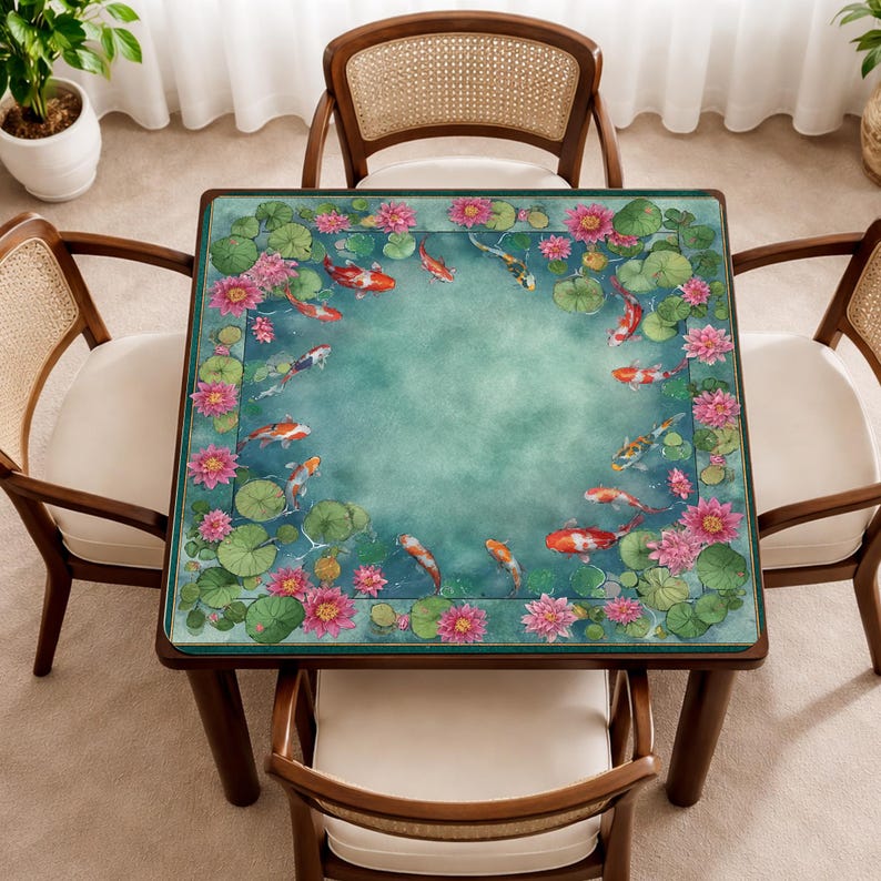 May include: Square wooden table with a teal surface featuring a koi pond design. The design includes pink lotus flowers, lily pads, and orange and white koi fish. The table is surrounded by four wooden chairs with cream-colored cushions.