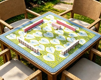 Tapete de Mahjong com Folha em Formato de Coração, Tapete de Mesa Botânico Azul e Verde, Tapete Antiderrapante Estilo Preppy para Mahjong