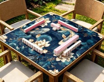 Dark Koi Lotus Mahjong Mat, Navy Blue Floral Fish Game Mat, Elegant Oriental Non Slip Table Cover, Luxury Mahjong Gift