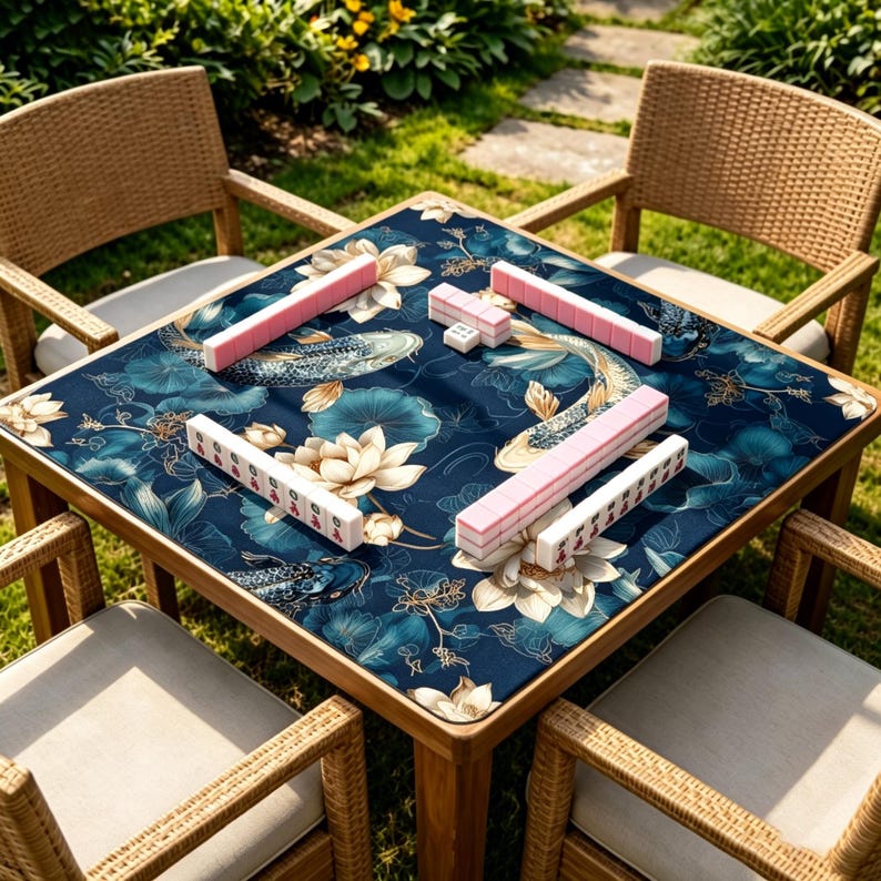 May include: A square wooden table with a dark blue floral patterned top, set for a game of Mahjong. The table is surrounded by four wicker chairs. The Mahjong tiles are pink and white.