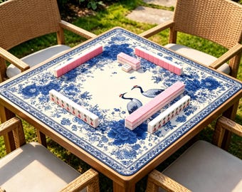 Blue and White Crane Mahjong Mat, Chinoiserie Floral Mahjong Table Mat, Non Slip Game Playmat, Elegant Board Game Mat Gift