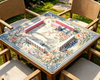 Chinoiserie Garden Mahjong Mat, Blue Floral Table Mat, Non Slip Pagoda Game Mat for Mahjong