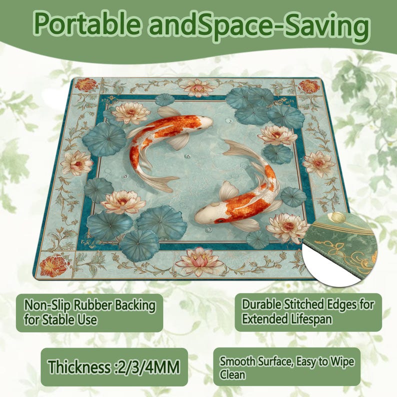 May include: A rectangular mat with a koi carp design. The mat has a light blue background with koi carp, lotus flowers, and lily pads. The text "Portable and Space-Saving" is at the top. The mat has a non-slip rubber backing and durable stitched edges.