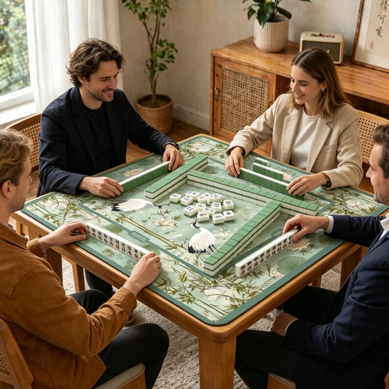 Puede incluir: Un juego de mesa de mahjong cuadrado con un tapete verde que presenta un estampado bot&aacute;nico de grullas y bamb&uacute;. El set incluye fichas blancas con marcas negras y rojas, dispuestas en filas y en un grupo central sobre la superficie de la mesa.