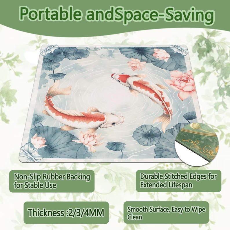 May include: Rectangular mouse pad featuring a serene koi pond design with two orange and white koi fish, pink lotus flowers, and blue lily pads. The pad has a non-slip rubber backing and durable stitched edges. The text "Portable and Space-Saving" is at the top.