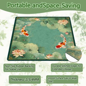 May include: A rectangular, space-saving mat with a teal background featuring koi fish, lotus flowers, and lily pads. The mat has a dark green border and the text "Portable and Space-Saving". It also has non-slip rubber backing and durable stitched edges.