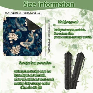May include: A dark blue Mahjong mat featuring koi fish and lotus flowers. Available in multiple sizes, including 53, 78, 86, and 99cm. Includes waterproof storage bags. The image text reads "Size information" and "Mahjong mat".