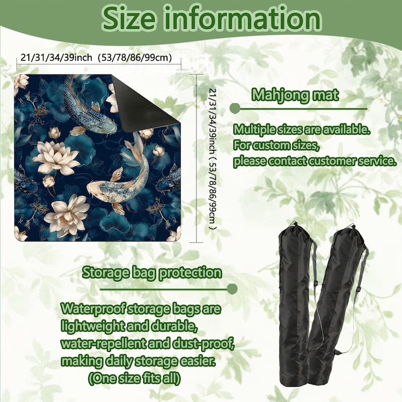 May include: A dark blue Mahjong mat featuring koi fish and lotus flowers. Available in multiple sizes, including 53, 78, 86, and 99cm. Includes waterproof storage bags. The image text reads "Size information" and "Mahjong mat".