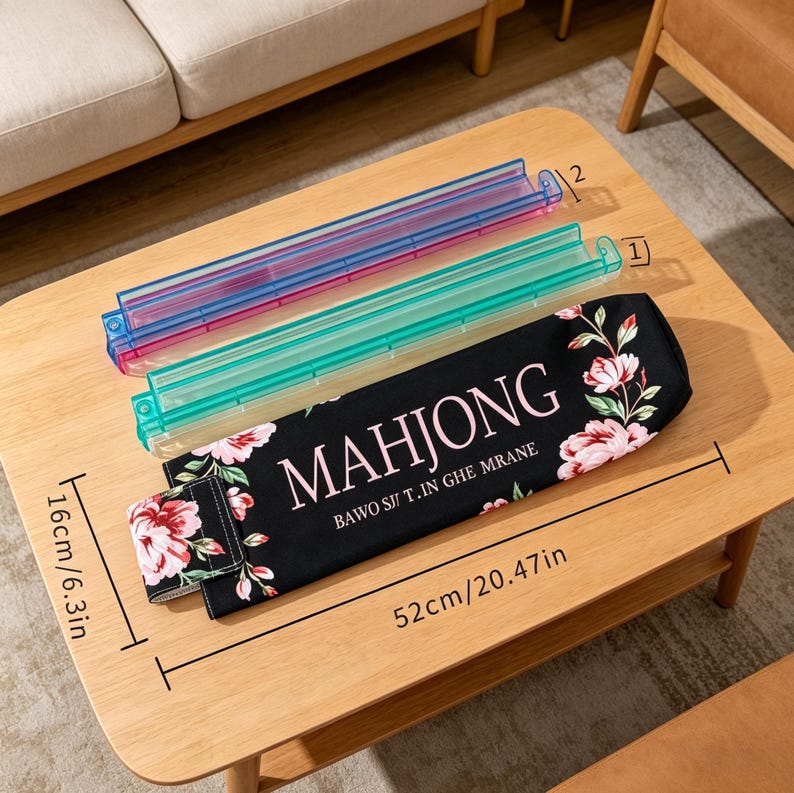 May include: A Mahjong set with a black floral patterned case, two clear plastic tile racks, and a wooden table. The case is 52cm/20.47in long and 16cm/6.3in wide. The word "MAHJONG" is printed on the case.