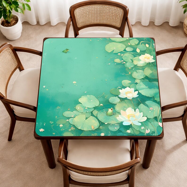 Puede incluir: Mesa cuadrada de madera con una tapa verde con un dise&ntilde;o de acuarela de nen&uacute;fares, flores blancas y peque&ntilde;as ranas verdes. La mesa est&aacute; rodeada de cuatro sillas de madera con respaldos tejidos y cojines blancos.