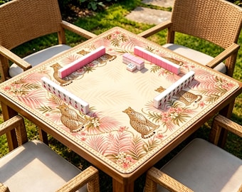 Tapete de Mahjong com Estampa de Leopardo e Flores, Tapete de Mesa Tropical Rosado, Tapete Antiderrapante para Jogos de Mahjong com Tema Safari