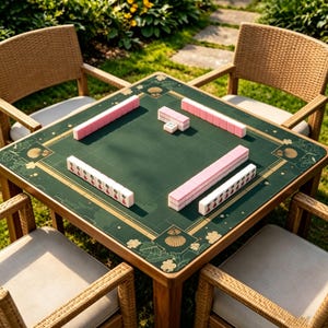 May include: A wooden mahjong table with a green playing surface and decorative gold trim. Pink and white mahjong tiles are arranged on the table. Four wicker chairs surround the table, set on a grassy lawn.