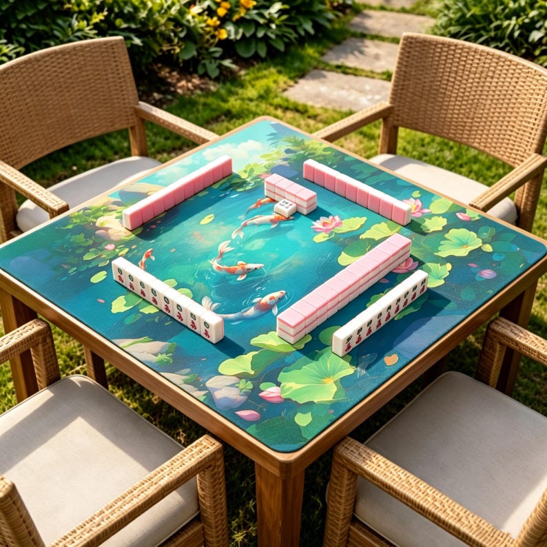 May include: A square wooden Mahjong table with a teal and green surface depicting koi carp and lotus flowers. Pink and white Mahjong tiles are arranged on the table. Four wicker chairs surround the table, set on a grassy lawn.