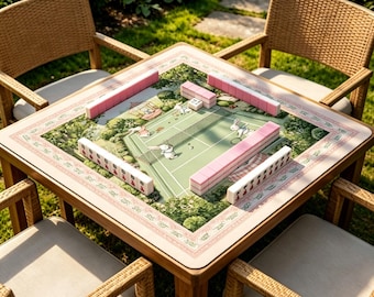 May include: A square wooden mahjong table with a green and pink tennis court design, surrounded by four wicker chairs. The table is set with pink and white mahjong tiles. The scene is outdoors, with green grass and foliage in the background.