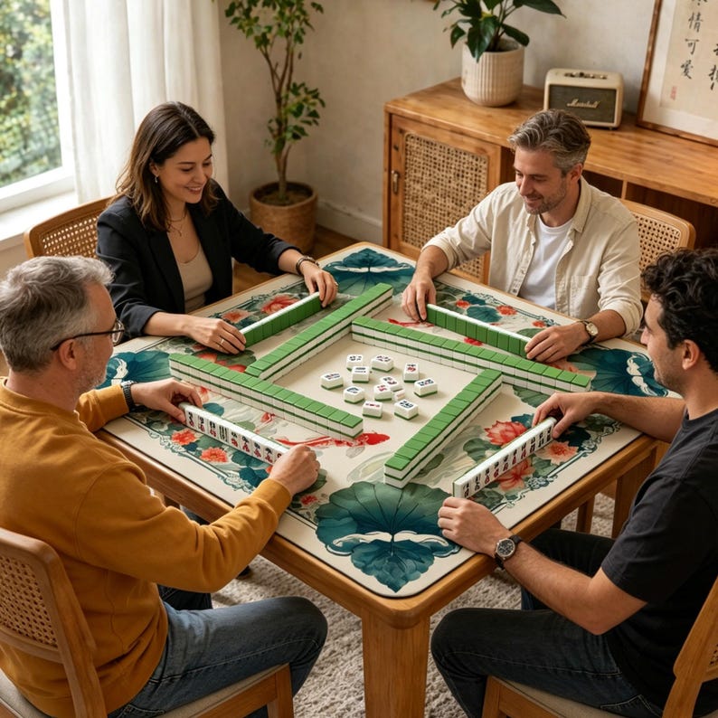 Puede incluir: Una mesa de mahjong cuadrada con una superficie de color crema que presenta un patr&oacute;n estampado de hojas de loto verdes y flores rojas. La mesa est&aacute; dispuesta con filas de fichas de mahjong verdes en un per&iacute;metro cuadrado y fichas dispersas en el centro.