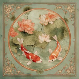 May include: A square decorative print featuring two koi fish swimming in a pond with pink lotus flowers and green lily pads. The scene is enclosed within a circular frame, which is set inside a square border with ornate gold corner details.