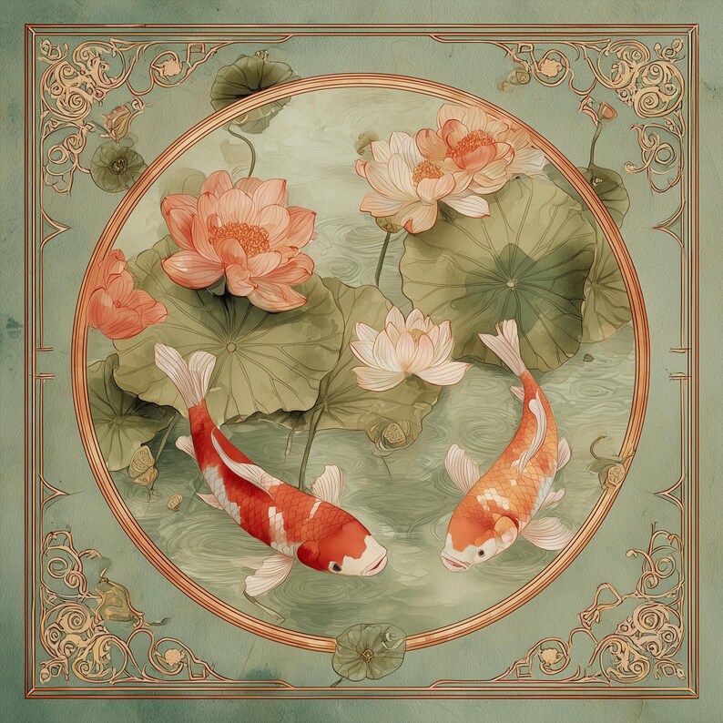 May include: A square decorative print featuring two koi fish swimming in a pond with pink lotus flowers and green lily pads. The scene is enclosed within a circular frame, which is set inside a square border with ornate gold corner details.