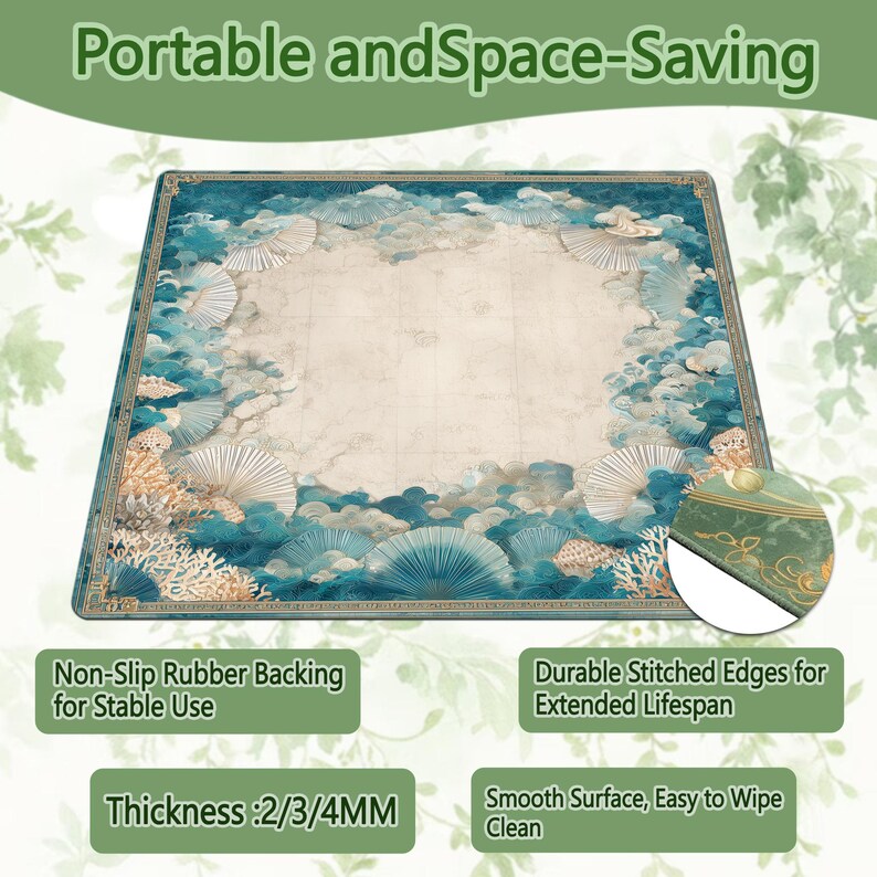 May include: A rectangular mat with a blue and beige design featuring fan-like shapes and clouds. The mat has a non-slip rubber backing and durable stitched edges. The text on the mat reads "Portable and Space-Saving" and "Thickness: 2/3/4MM".