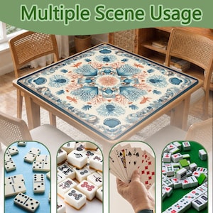 May include: A square table with a coral reef design on the tabletop. The table is surrounded by chairs. The image also shows dominoes, mahjong tiles, playing cards, and other game pieces, with the text "Multiple Scene Usage".