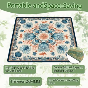 May include: Rectangular mat with a marine design featuring coral, starfish, and seashells in blue, orange, and cream. The mat has a dark blue border and the text "Portable and Space-Saving". It has a non-slip rubber backing and durable stitched edges.