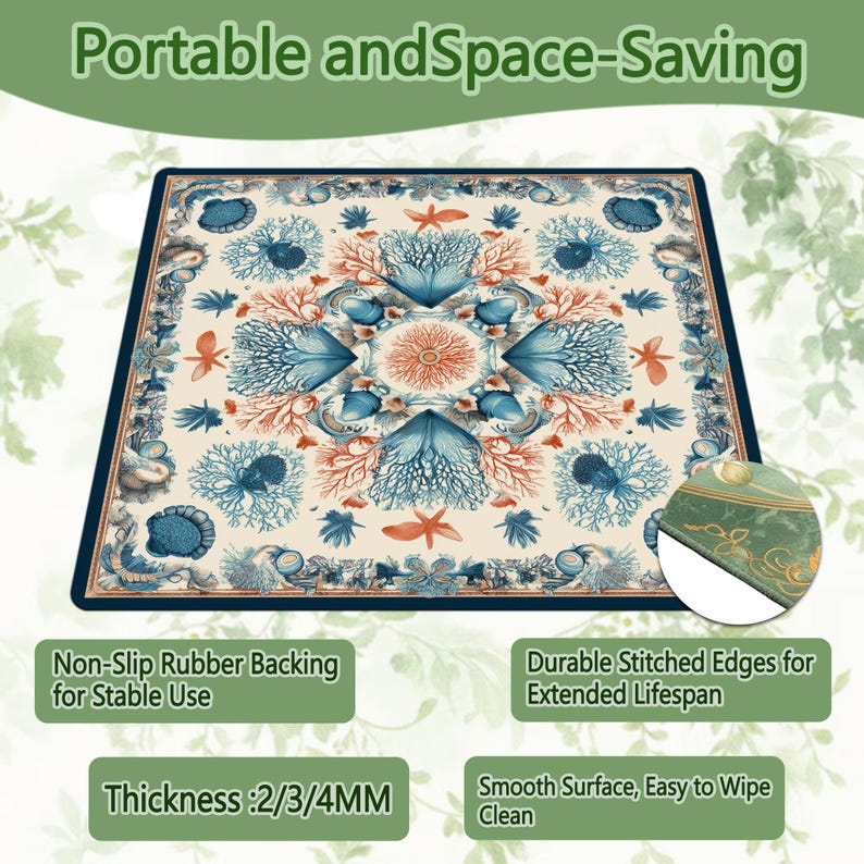 May include: Rectangular mat with a marine design featuring coral, starfish, and seashells in blue, orange, and cream. The mat has a dark blue border and the text "Portable and Space-Saving". It has a non-slip rubber backing and durable stitched edges.