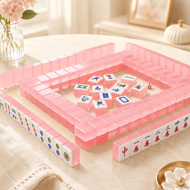May include: A pink Mahjong set with white tiles featuring colorful symbols and characters. The set includes pink tile racks and dice, arranged on a light-colored surface. A vase of pink flowers is in the background.