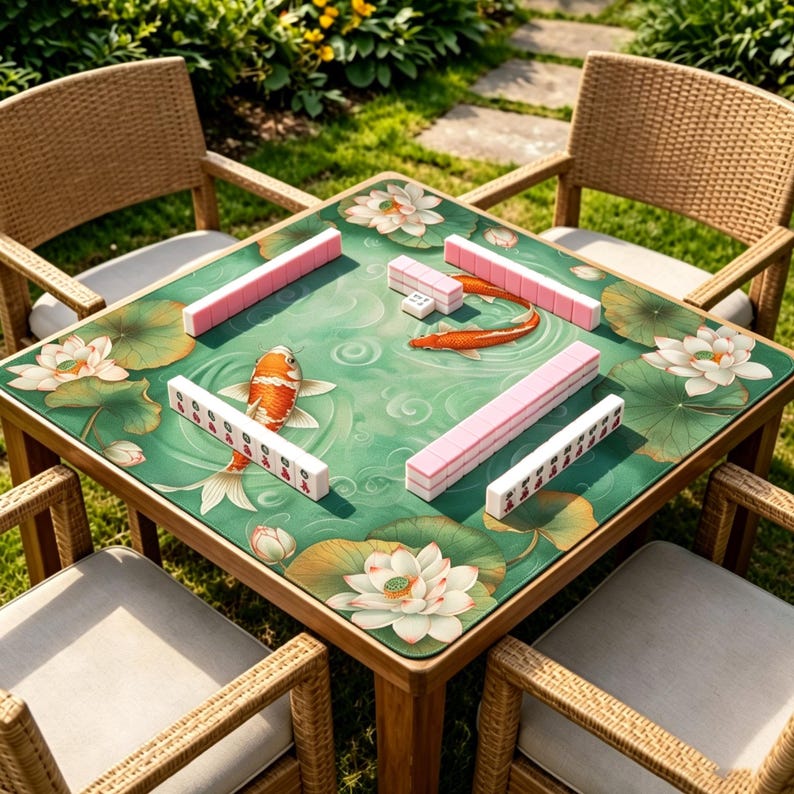 May include: A square wooden mahjong table with a green surface featuring koi fish and lotus flowers. Pink and white mahjong tiles are arranged on the table, surrounded by four wicker chairs. The table is set outdoors on a grassy lawn.