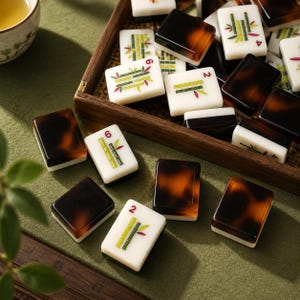 May include: A set of rectangular mahjong tiles with white faces featuring green bamboo illustrations and red numerical characters, paired with dark brown tortoiseshell-patterned backs, arranged inside and around a wooden tray.