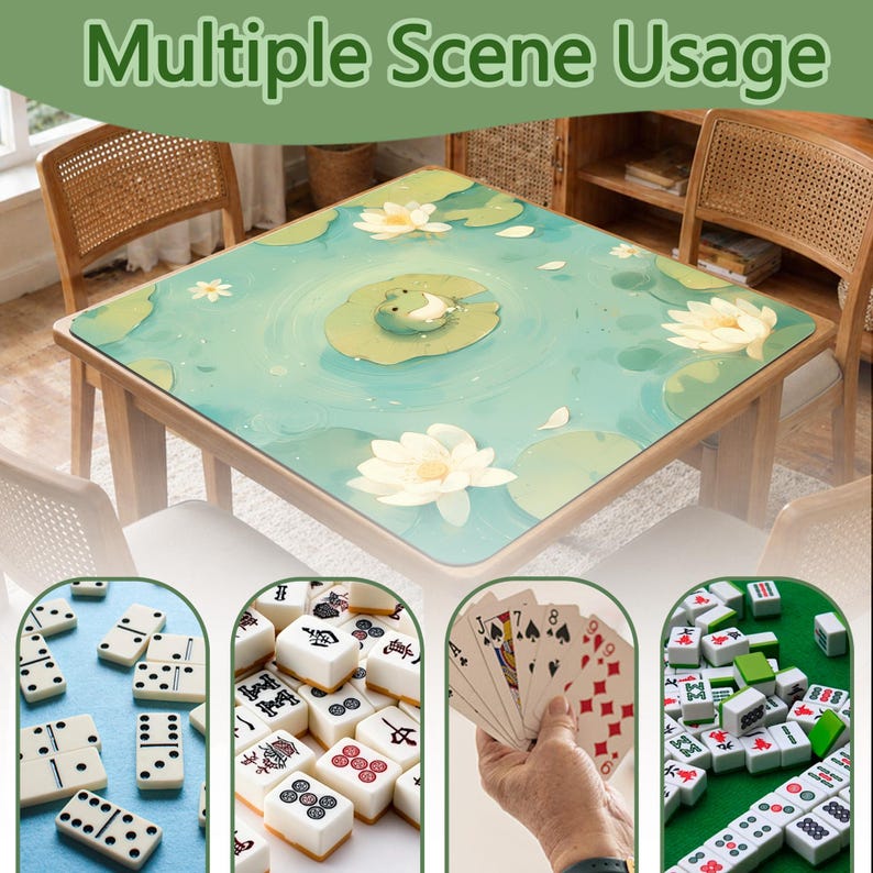 Puede incluir: Una mesa cuadrada con un dise&ntilde;o de estanque de loto verde y azul. La mesa est&aacute; rodeada de sillas y se utiliza para jugar a juegos como domin&oacute;, mahjong y cartas. El texto "Multiple Scene Usage" est&aacute; en la parte superior.