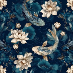 May include: A repeating pattern of koi carp and lotus flowers in blue, white, and gold. The design showcases detailed illustrations of the fish, flowers, and lily pads, set against a dark blue backdrop.
