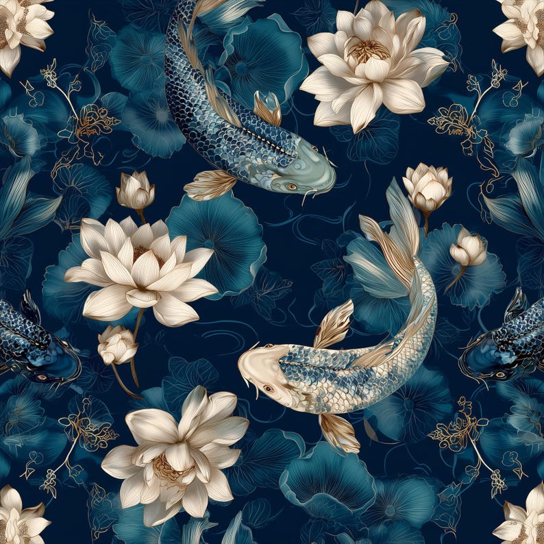 May include: A repeating pattern of koi carp and lotus flowers in blue, white, and gold. The design showcases detailed illustrations of the fish, flowers, and lily pads, set against a dark blue backdrop.