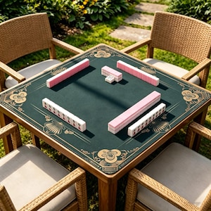May include: A square wooden mahjong table with a green playing surface and gold decorative trim. Pink and white mahjong tiles are arranged on the table. Four wicker chairs surround the table, set on a grassy lawn.