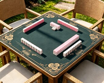 Emerald Green Art Deco Mahjong Mat, Gold Shell Luxury Game Mat, Vintage Gatsby Table Cover, Non Slip Mahjong Mat, Elegant Game Night Gift